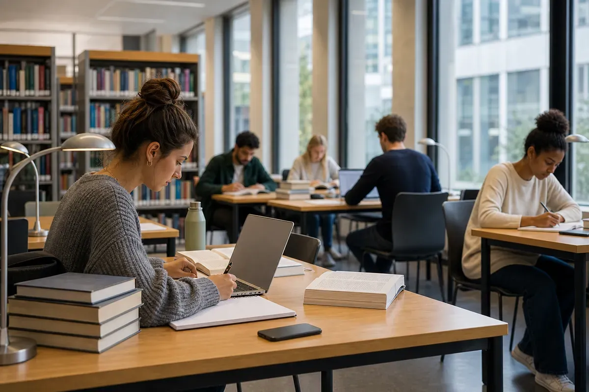Konzentriertes Arbeiten in der Bibliothek ohne Smartphone-Ablenkung