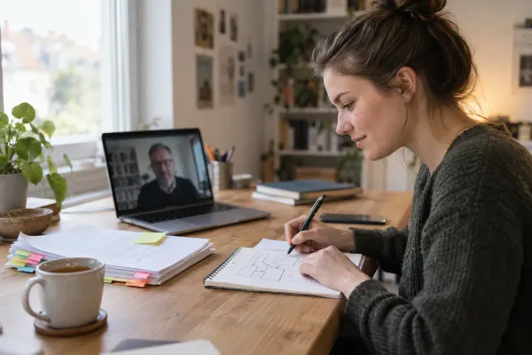 Studentin bespricht ihre Abschlussarbeit in einer Online-Beratung mit einem akademischen Coach