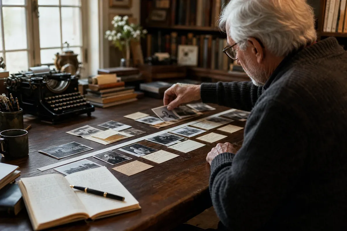 Autor ordnet alte Fotografien und Notizzettel auf einer Zeitachse, um seine Autobiografie zu strukturieren